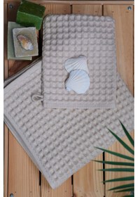 Resim %100 Pamuk Premium Pike Desenli 2 Li Set Bej: Havlu 50x100cm El, Yüz Havlusu & 16x22cm Kese Bej 