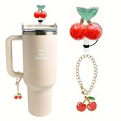 Resim 2 Adet Kiraz Silikon Pipet Üstü ve Sap Süsü Seti, Hediye Çantası ile Spor Kupası Aksesuarı, Şükran Günü, Noel, Yılbaşı İçin İdeal - Mükemmel Noel Hediyesi 