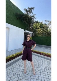 Resim Yakalı Gömlek Kemerli Şortlu Takım - Bordo Bordo 