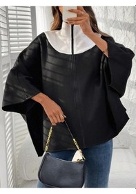 Resim Kadın Panço Fermuarlı Sweat Oversize Kesim, 3 İplik Şardonlu Kumaş Siyah 