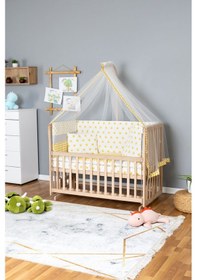 Resim Ahşap Beşik Anne Yanı Beşik Organik 60x120 - Sarı Yıldız 1 Yastıklı Uyku Seti + Yataklı Ahşap 