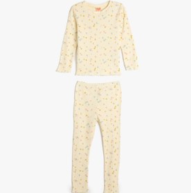 Resim Kız Bebek Pamuklu Pijama Takımı Çiçek Desenli Uzun Kollu Tişört ve Beli Lastikli Pijama Altı 2 Parça 