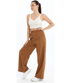 Resim Genius Store Kadın Pantolon Keten Karışımlı Beli Lastikli Kırışmaz Kumaş Pantolon Keten-pantolon Kahverengi 