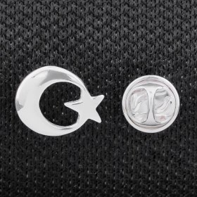 Resim Takıhan Ay Yıldız 925 Ayar Gümüş Rozet Yaka Iğnesi 