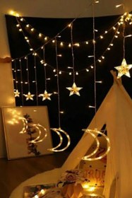 Resim LEDREYON Dekoratif Animasyonlu Ay Yıldızlı Saçak Ip Perde Led Işık Aydınlatma 