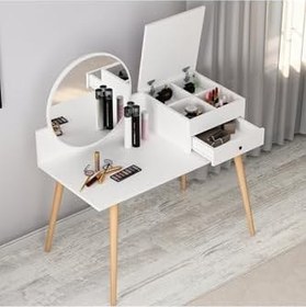 Resim Inarch Dizayn Angel Aynalı, Çekmeceli Makyaj Masası Beyaz, Ahşap Ayak 
