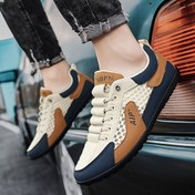 Resim Erkekler için Nefes Alabilir Orta Boy Sneakerlar - Kaymaz Kauçuk Taban, Dayanıklı Yumuşak Alt, Koyu Mavi & Turuncu Üst ve Beyaz Dikişli Geometrik Tasarım, PU/Kumaş Malzeme, Dış Aktiviteler için Bağcıklı Kapama 