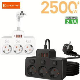 Resim 2500W Avrupa Standartlı Fişli Priz Şeridi, Bağımsız Kontrol Anahtarı ile 3 AC Çıkış ve Uzatma Kablosu, Uzun/Kısa Boyut, 4 USB & 1 Type-C Portlu, Ev, Mutfak, Yatak Odası, Ofis, Oturma Odası vb. İçin Uygun 