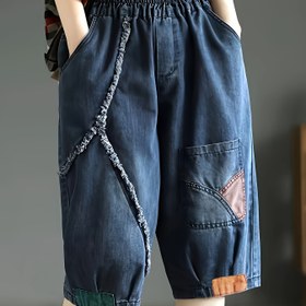 Resim Sanatsal Retro Orta Uzunluk, 2025 Yeni İnce Hafif Kot Şort Kadınlar İçin, Vintage Stil, Patchwork, Ham Kenar, Altı-Çeyrek Uzunluk, Çok Yönlü ve 