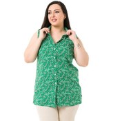 Resim Büyük Beden Yanları Yırtmaçlı Küçük Çiçekli Kolsuz Yeşil Gömlek 