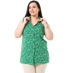 Resim Büyük Beden Yanları Yırtmaçlı Küçük Çiçekli Kolsuz Yeşil Gömlek 