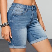 Resim Rolled Hem Yıkanmış Kot Şort, Yüksek Esneklik Eğimli Cep Casual Kot Şort, Kadın Kot Pantolon ve Giyim 