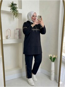 Resim CNG MODA Büyük Beden Kadın Kapüşonlu Sim Şeritli Eşofman Takımı 