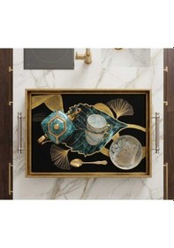 Resim Ginkgo Yaprağı Desenli Dekoratif Tepsi & Siyah Gold Çerceveli Kulplu Çay Kahve Sunum Tepsisi 