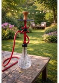 Resim Lüks Cam Nargile Takımı 60 Cm Kırmızı Metal Gövde, Şeffaf Cam Taban 16 Cm, Bahçe Balkon Teras Kullanımına Uygun 