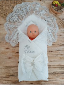 Resim Tomuycuk Dantelli Özel Taçlı Bebek Kundağı Unisex Bebek Dış Kundak Battaniyesi Hastane Çıkışı Hediyelik 