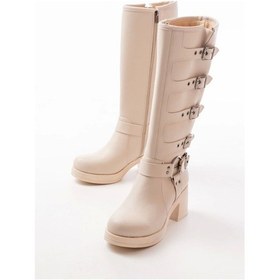 Resim 5109-3015 Bej Topuklu Fermuarlı Toka Aksesuarlı Günlük Kadın Çizme Çok Renkli 