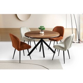 Resim Ahşap Yuvarlak Açılır Büyüyen Yemek Masa Sandalye Takımı 4 Sandalyeli Parlak Ceviz Ceviz 