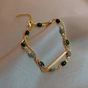 Resim 1 Adet Kadınlar İçin Vintage Şık Bileklik - Yeşilimsi-Gri Dikdörtgen Taşlı, Altın Tonlu Boncuklu Çift Katman Zincirli KC Kaplama Takı - Günlük ve Resmi Etkinlikler İçin Yıl Boyu Lüks Hediye 