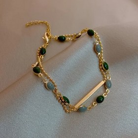 Resim 1 Adet Kadınlar İçin Vintage Şık Bileklik - Yeşilimsi-Gri Dikdörtgen Taşlı, Altın Tonlu Boncuklu Çift Katman Zincirli KC Kaplama Takı - Günlük ve Resmi Etkinlikler İçin Yıl Boyu Lüks Hediye 