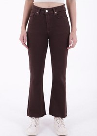 Resim Geniş Paça Yüksek Belli Paçaları Dikişsiz Detaylı Esnek Mom Fit Kadın Kot Pantolon Kahverengi Denim Kahverengi 