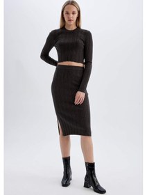 Resim Defacto Coool Slim Fit Dar Kesim Basic Düz Yırtmaçlı Triko Midi Etek A2058AX24AUAR227 Antrasit 