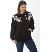 Resim Kadın Büyük Beden Siyah Aplike Dantel ve Kapşon Detaylı Kanguru Cepli Sweatshirt 65n37015-siyah Siyah 