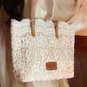 Resim 1 adet Zarif Beyaz Polyester Dantel Tote Çanta - Rastgele Baskılı Tasarım, Elde Yıkanabilir - Yiwu Koleksiyonu 