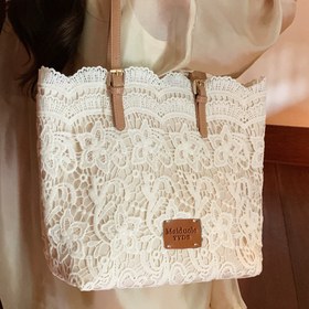 Resim 1 adet Zarif Beyaz Polyester Dantel Tote Çanta - Rastgele Baskılı Tasarım, Elde Yıkanabilir - Yiwu Koleksiyonu 