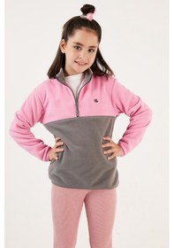 Resim Lela Yumuşak Dokulu Yarım Fermuarlı Renk Bloklu Dik Yaka 2'Li Paket Çocuk Polar 5905004S2 Şeker Pembe Gri-Şeker Pembe Mor 