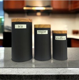 Resim Bambu Görünümlü Kapak Ve 3'lü Siyah Metal Kavanoz Seti 