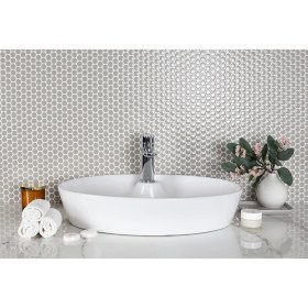 Resim MozaiKristaL Mutfak, Banyo, Havuz, Sauna, Spa ve Tüm Yüzeyler Için 20X5 mm Yuvarlak Gri Cam Mozaik. 