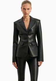 Resim Cinched Waist Leather Blazer Kadın Ceket - Siyah / XL 