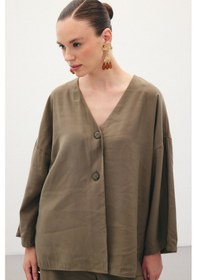 Resim Sateen Düğmeli Kimono - Haki-136357 Haki 
