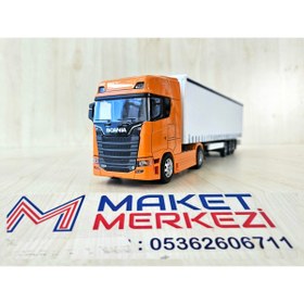 Resim Maket 33 cm uzunlukta 1/50 ölçek turuncu SCANIA 770S TIR MAKETİ (firma ismi yazılabilir) 