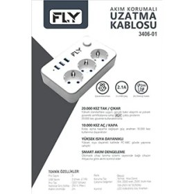 Resim Fly 3406 Termal Akım Korumalı, Çocuk Korumalı, 3 x Usb, 2mt Uzatma Kablosu 3nanlü Priz, Beyaz 