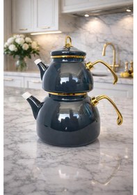 Resim Emaye Çaydanlık Takımı 2,3 L Suluk + 1,1 L Demlik Gold Detaylı Füme 
