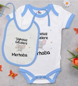 Resim Bk Kids Uykusuz Gecelere Merhaba Tasarımlı Mavi Bebek Body Zıbın Çok Renkli 