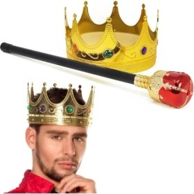 Resim Altın Kral Tacı ve Kırmızı Topuzlu Asası Seti 