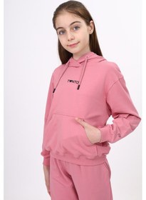 Resim Toontoy Kız Çocuk Oversize Kapüşonlu Cepli Düşük Omuz Baskılı Sweatshirt - 2 İplik Gülkurusu 