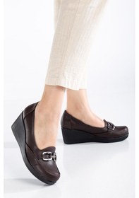 Resim Dilimler Ayakkabı Kadın Dolgu Topuklu Ayakkabı Kahve Yüzlü Tokalı-3676 Kahve 