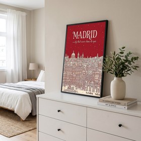 Resim Madrid Line Art Print - Cherry Red Royal Palace Plaza Mayor Skyline Wall Art - Just Poster / 12 x 16" (30x40 cm) 