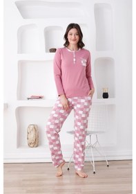 Resim Alimer Ekoseli Kadın Pijama Takımı - 3 Düğmeli Uzun Kollu Likralı Penye Cepli Alt Gül Kurusu 