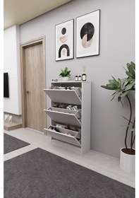 Resim Mirobi Kembe 3 Bölmeli Açılır Modern Dekoratif Ayakkabılık Beyaz Beyaz 