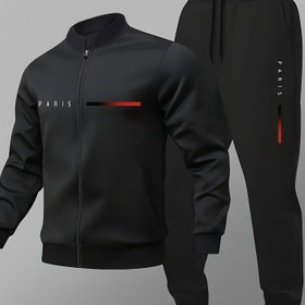 Resim Erkek Ceket + Pantolon Seti, Sonbahar ve Kış Paris Yazılı Ceket + İpli Dış Giyim Günlük Spor Pantolon Seti 2'li, Dış Mekan, Günlük Giyim ve Partiler için Mükemmel, Günlük Giyim| Paris Baskılı Ceket| Fermuarlı Ceket, Kazak Pantolon 