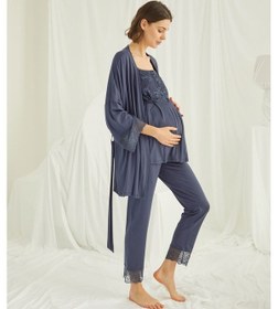 Resim Monamise Kadın Dantelli Önü Düğmeli Hamile Lohusa 3'lü Sabahlık Takımı 18211 