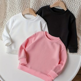 Resim 3'lü paket Kız Çocuk Sweatshirtleri, Rahat Geometrik Desenli Örgü Polyester Kazaklar Hafif Esnek, Uzun Kollu Rahat Kalıp Bahar İçin - Siyah, Beyaz, Pembe 