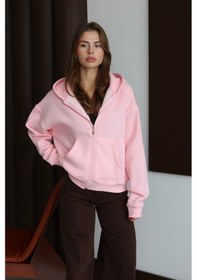 Resim Balenbi Kadın 3 İplik İçi Polarlı Kapüşonlu Oversize Sweat Hırka 1110 Pembe 