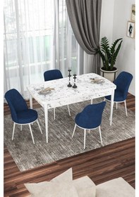 Resim Canisa Kor Serisi 70x114 Açılabilir Mutfak Masası Takımı Beyaz Mermer Desen Masa 4 Lacivert Sandalye Masa Beyaz Mermer Desenli Sandalyeler Lacivert 