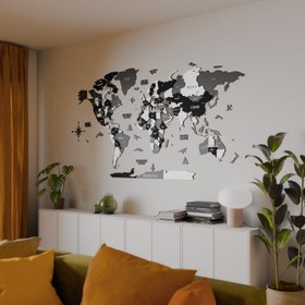 Resim 3D Ahşap Dünya Haritası - Gri, Siyah ve Krem Modern Duvar Dekoru - 100x54 cm / İngilizce 